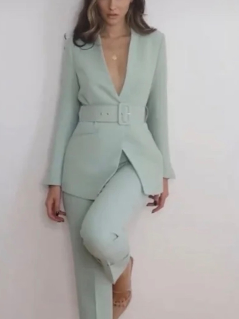 Zara Lapelless Mint Green Belted Blazer Blogger’s Favorite Size S MSRP $128 - Picture 3 of 11